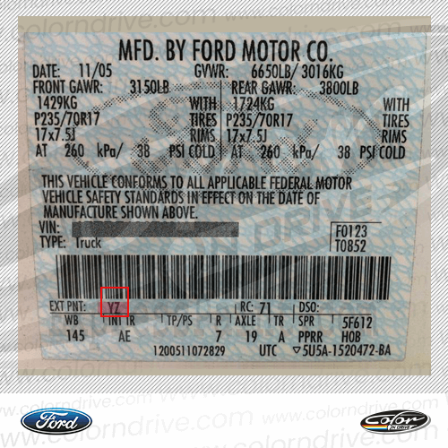 Ford Europe Paint Code Label