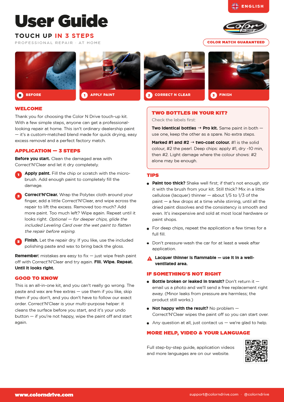 Color N Drive touch up paint user guide PDF - English