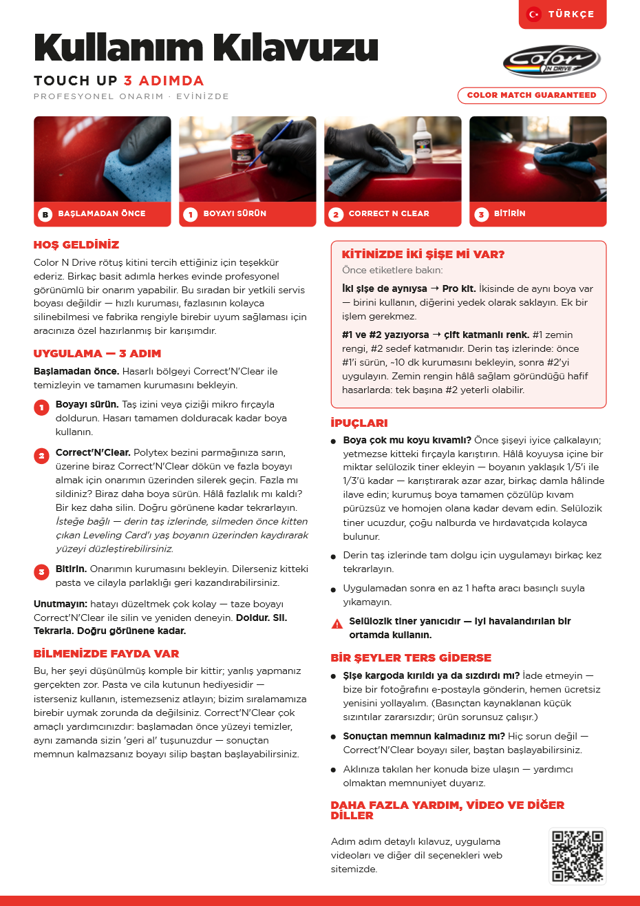 Color N Drive rötuş boyası kullanım kılavuzu PDF - Türkçe